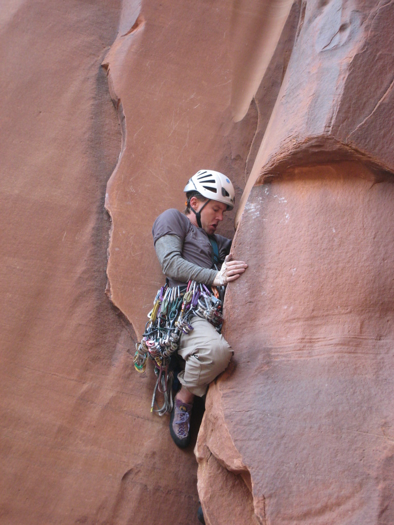 Tad making his O-Face on the wide section of the Unnamed 5.10+ left of Drainpipe
