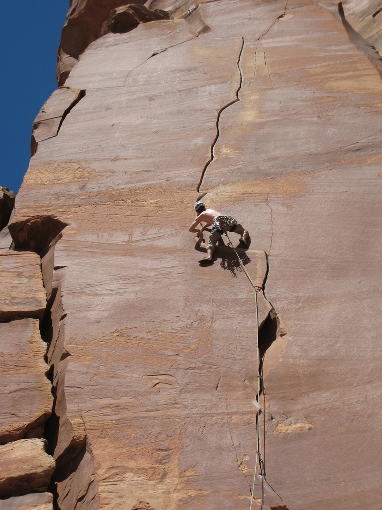 Tad moving past the first traverse on Way Rambo (5.12-)